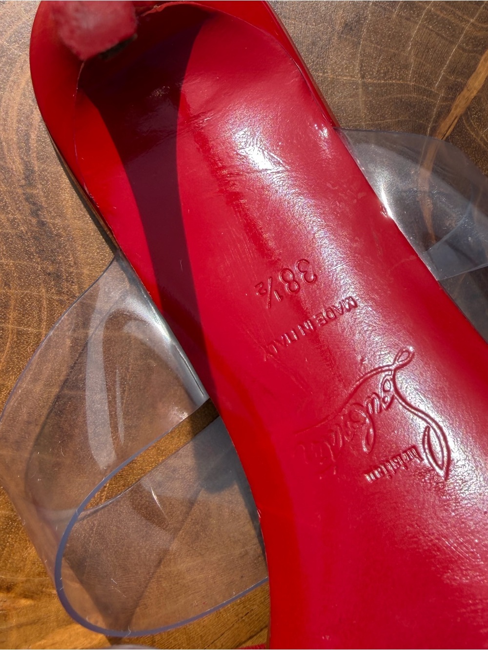 Christian Louboutin Red Patent Slide Sandals with Clear Straps - Picture 8 of 8